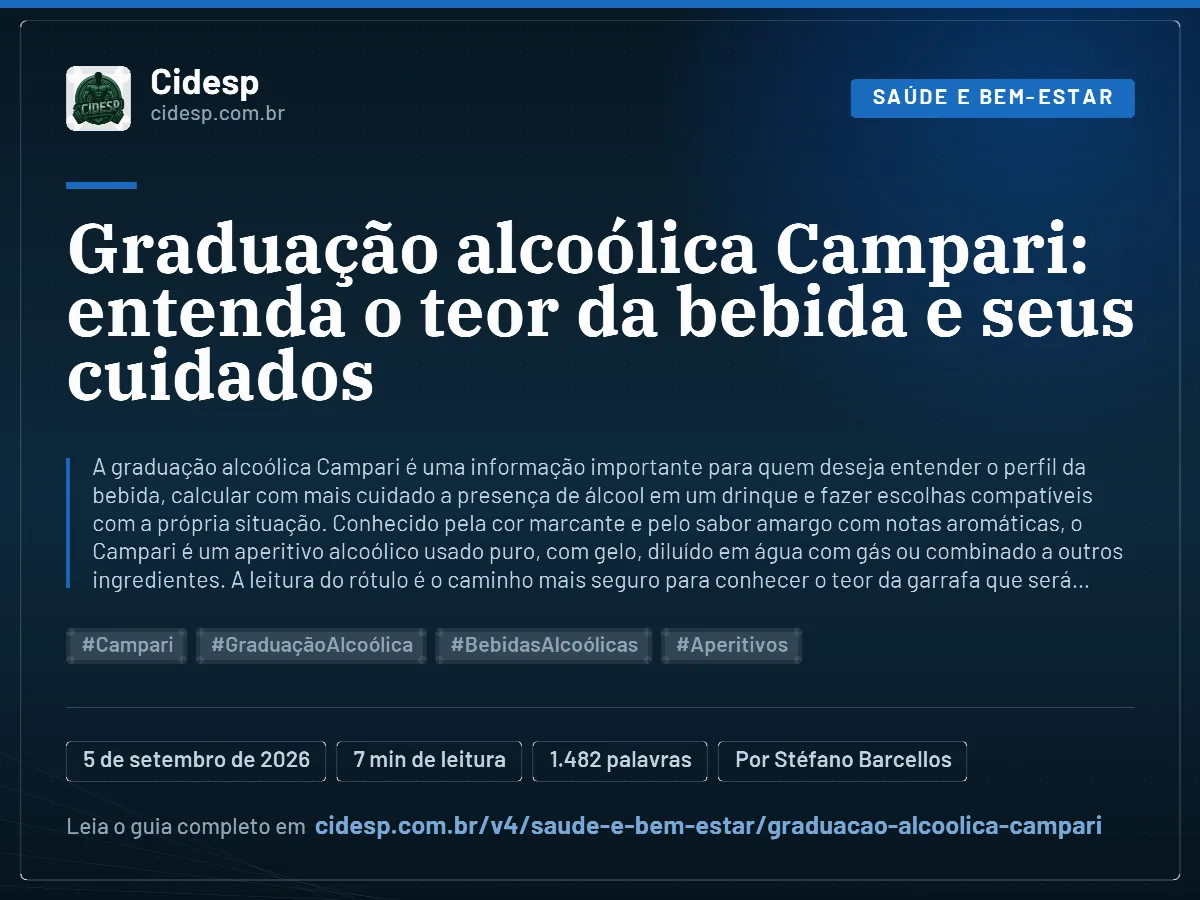 Cartão do artigo “Graduação alcoólica Campari: entenda o teor da bebida e seus cuidados”, com resumo, data de publicação e endereço da página.