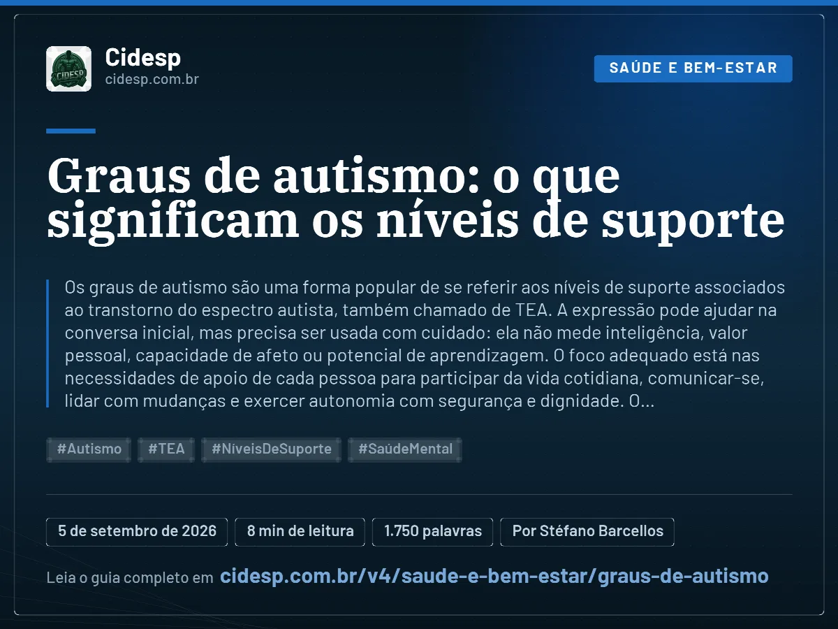 Cartão do artigo “Graus de autismo: o que significam os níveis de suporte”, com resumo, data de publicação e endereço da página.