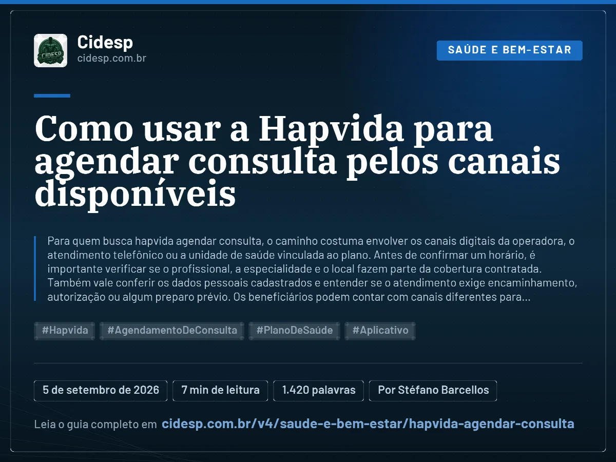 Cartão do artigo “Como usar a Hapvida para agendar consulta pelos canais disponíveis”, com resumo, data de publicação e endereço da página.