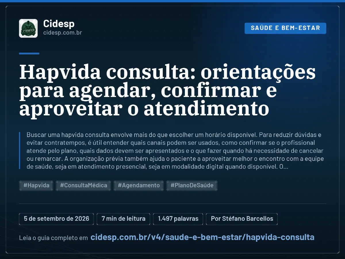Cartão do artigo “Hapvida consulta: orientações para agendar, confirmar e aproveitar o atendimento”, com resumo, data de publicação e endereço da página.