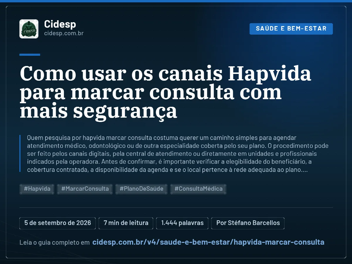 Cartão do artigo “Como usar os canais Hapvida para marcar consulta com mais segurança”, com resumo, data de publicação e endereço da página.