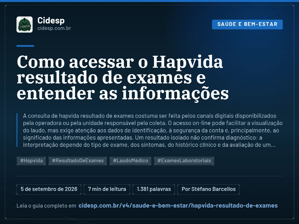 Cartão do artigo “Como acessar o Hapvida resultado de exames e entender as informações”, com resumo, data de publicação e endereço da página.