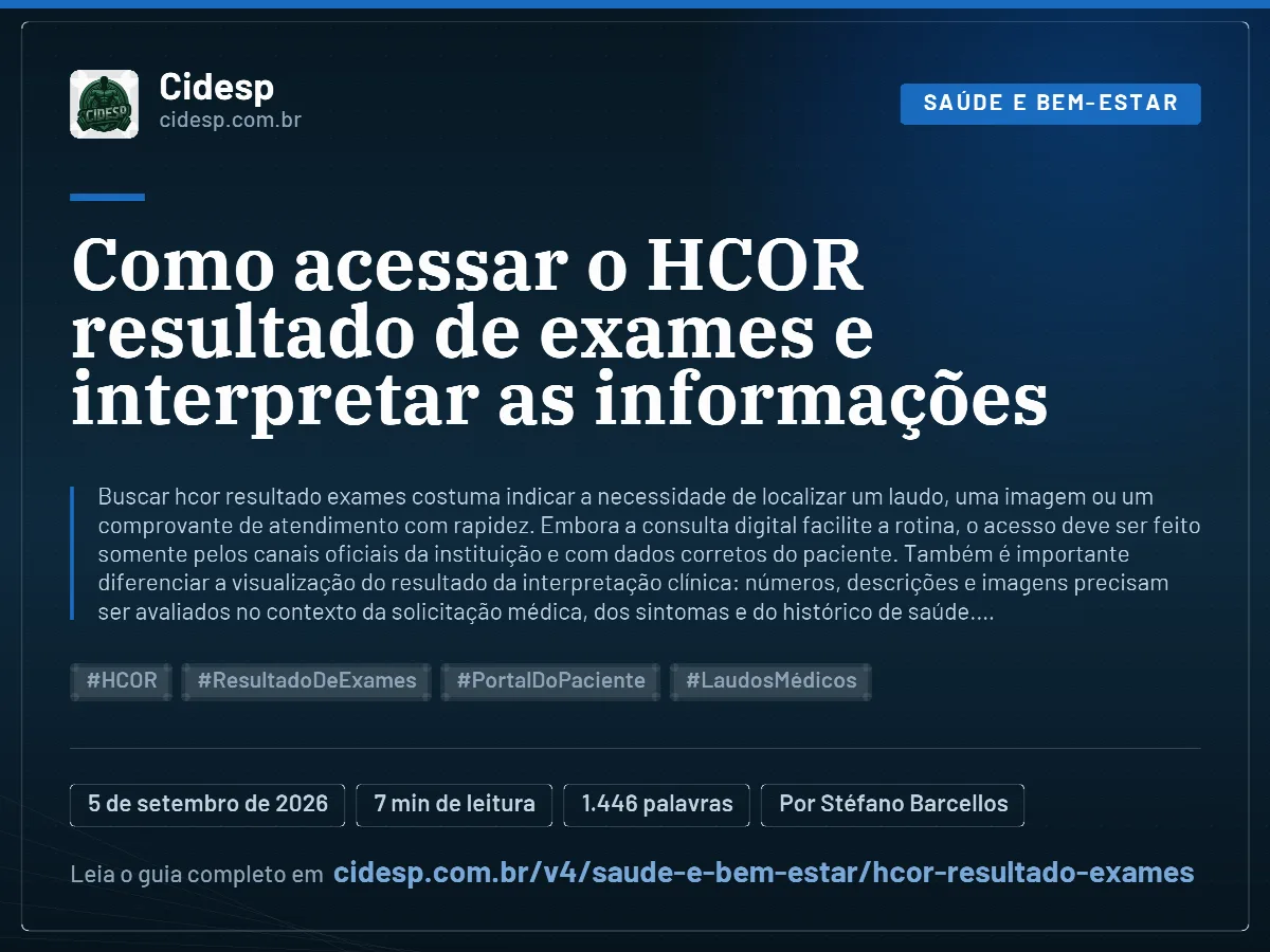 Cartão do artigo “Como acessar o HCOR resultado de exames e interpretar as informações”, com resumo, data de publicação e endereço da página.