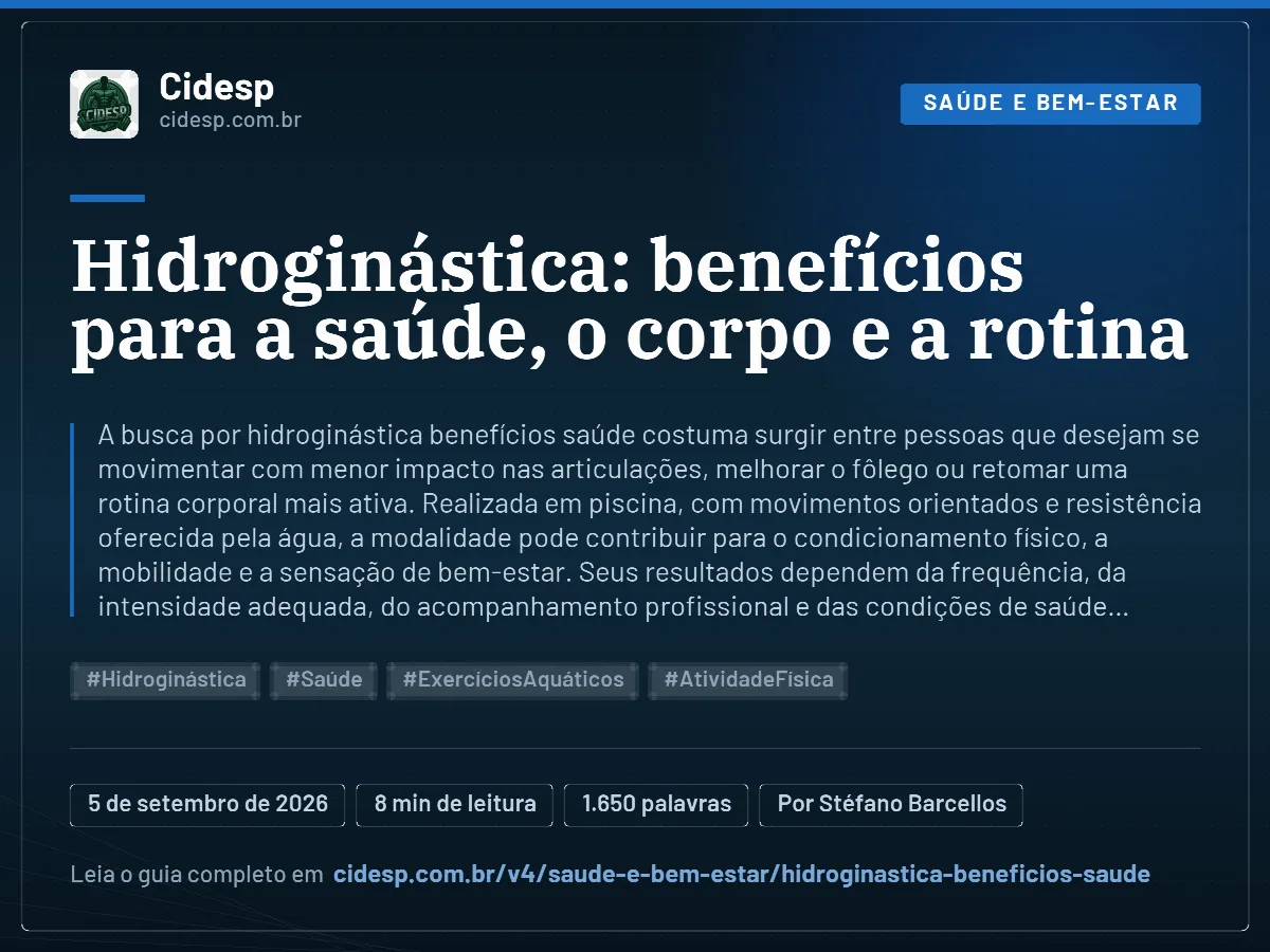 Cartão do artigo “Hidroginástica: benefícios para a saúde, o corpo e a rotina”, com resumo, data de publicação e endereço da página.