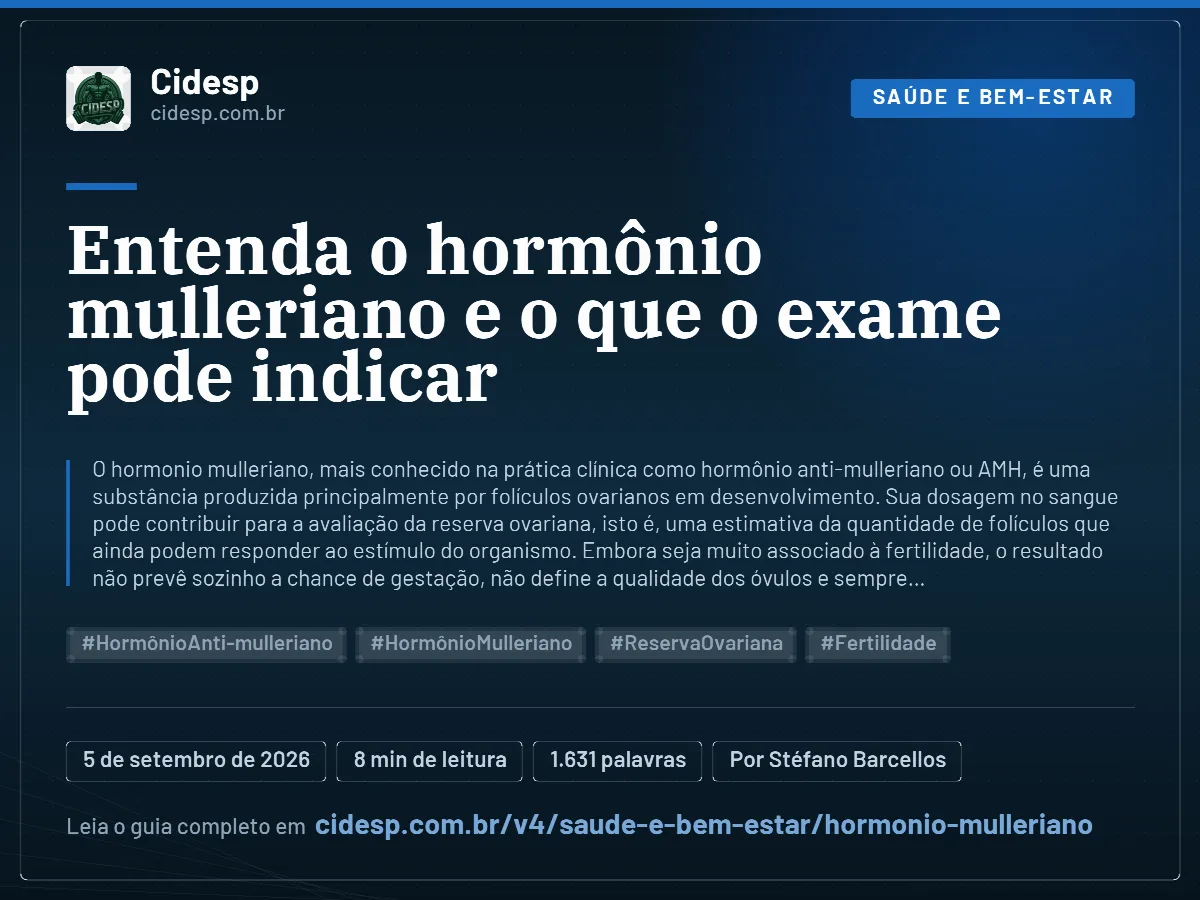 Cartão do artigo “Entenda o hormônio mulleriano e o que o exame pode indicar”, com resumo, data de publicação e endereço da página.