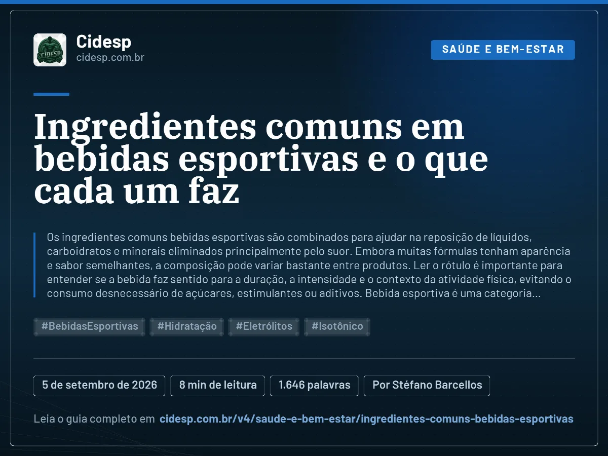 Cartão do artigo “Ingredientes comuns em bebidas esportivas e o que cada um faz”, com resumo, data de publicação e endereço da página.