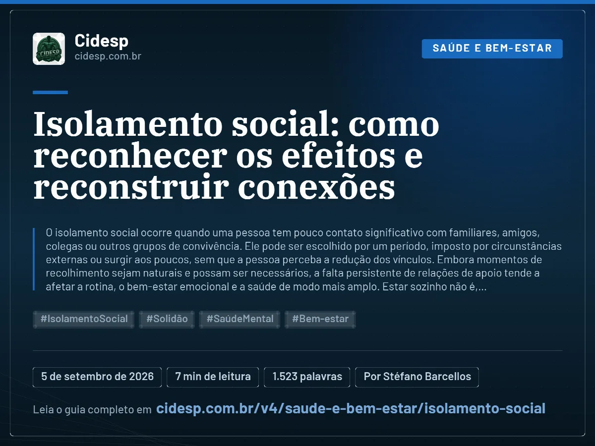 Cartão do artigo “Isolamento social: como reconhecer os efeitos e reconstruir conexões”, com resumo, data de publicação e endereço da página.
