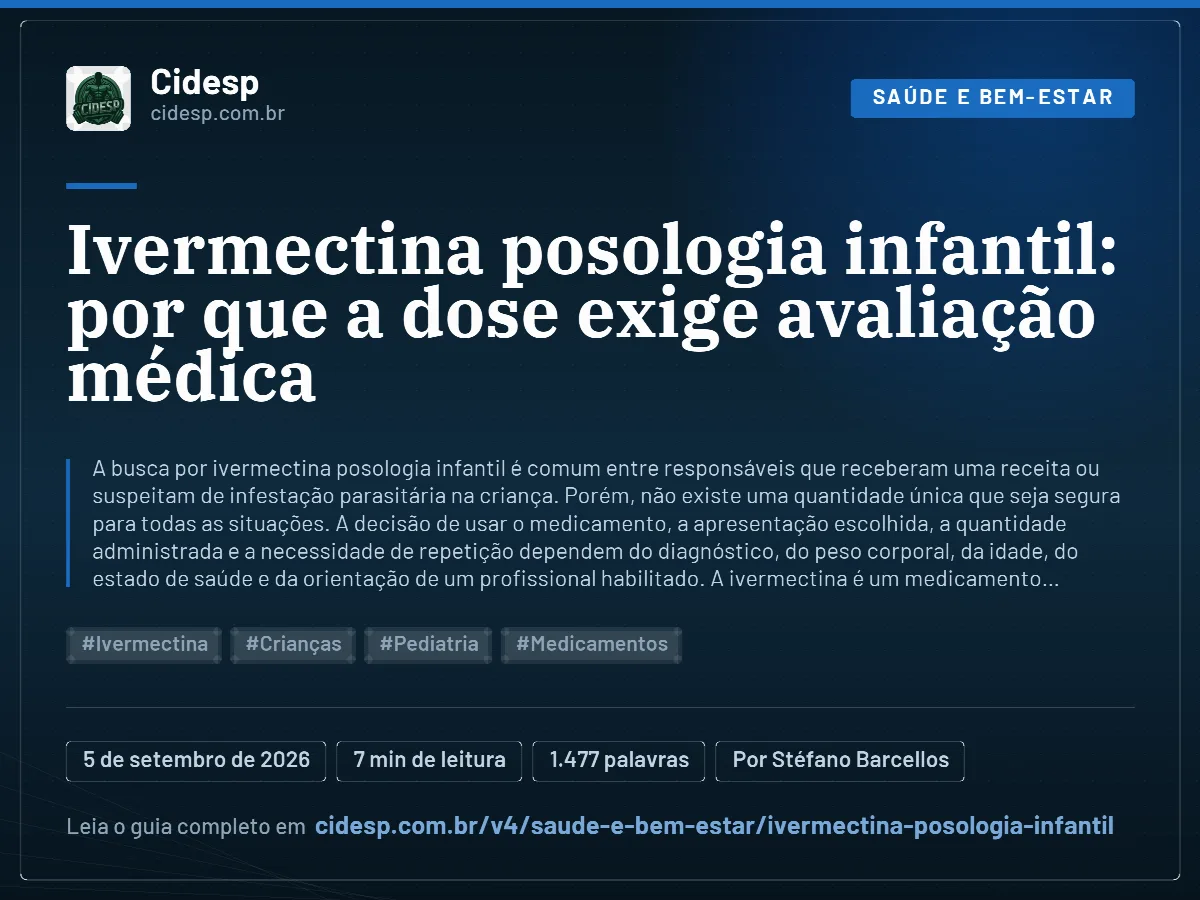 Cartão do artigo “Ivermectina posologia infantil: por que a dose exige avaliação médica”, com resumo, data de publicação e endereço da página.