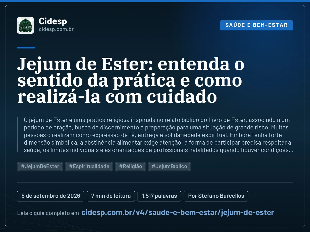 Cartão do artigo “Jejum de Ester: entenda o sentido da prática e como realizá-la com cuidado”, com resumo, data de publicação e endereço da página.
