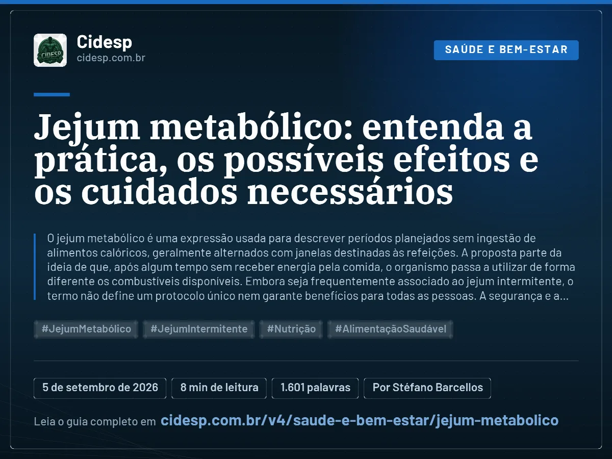 Cartão do artigo “Jejum metabólico: entenda a prática, os possíveis efeitos e os cuidados necessários”, com resumo, data de publicação e endereço da página.