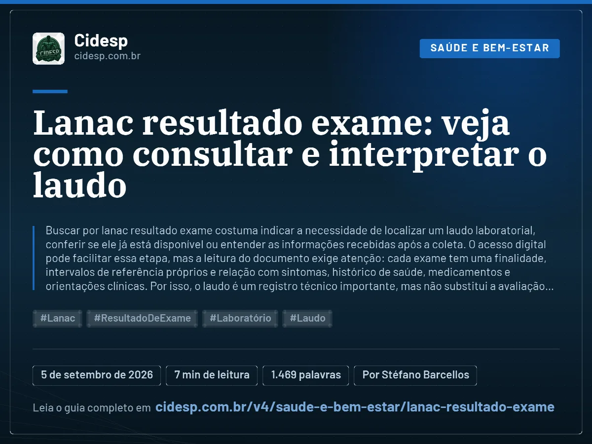 Cartão do artigo “Lanac resultado exame: veja como consultar e interpretar o laudo”, com resumo, data de publicação e endereço da página.