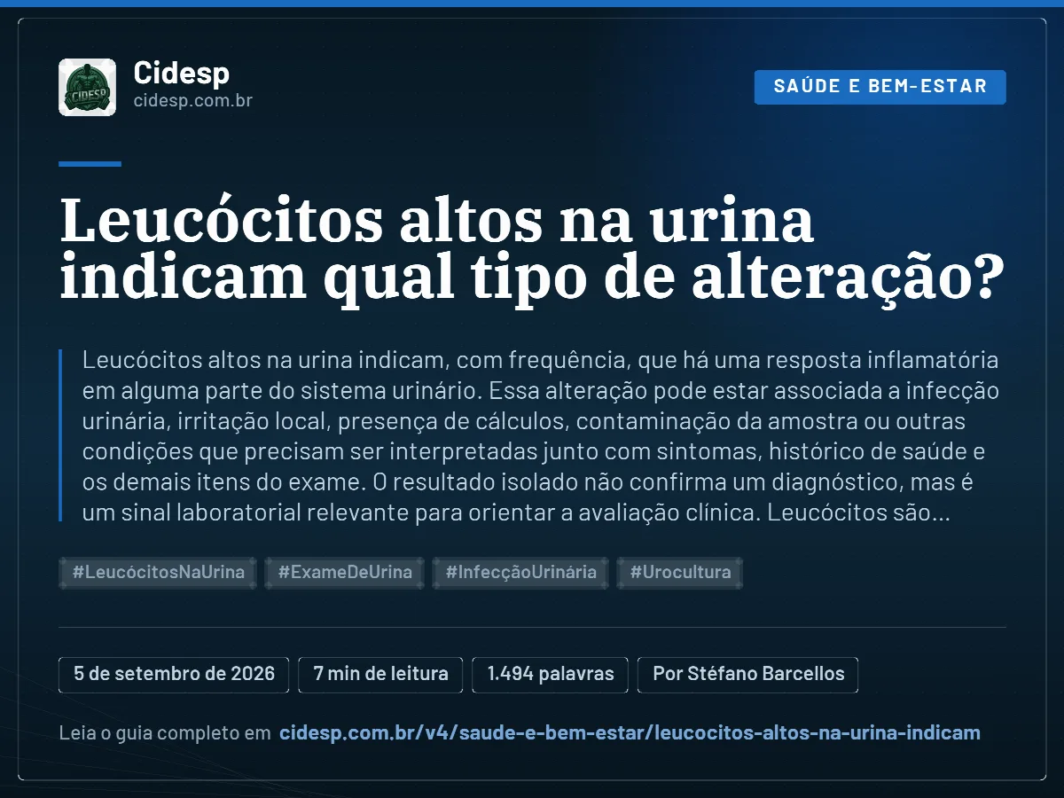 Cartão do artigo “Leucócitos altos na urina indicam qual tipo de alteração?”, com resumo, data de publicação e endereço da página.