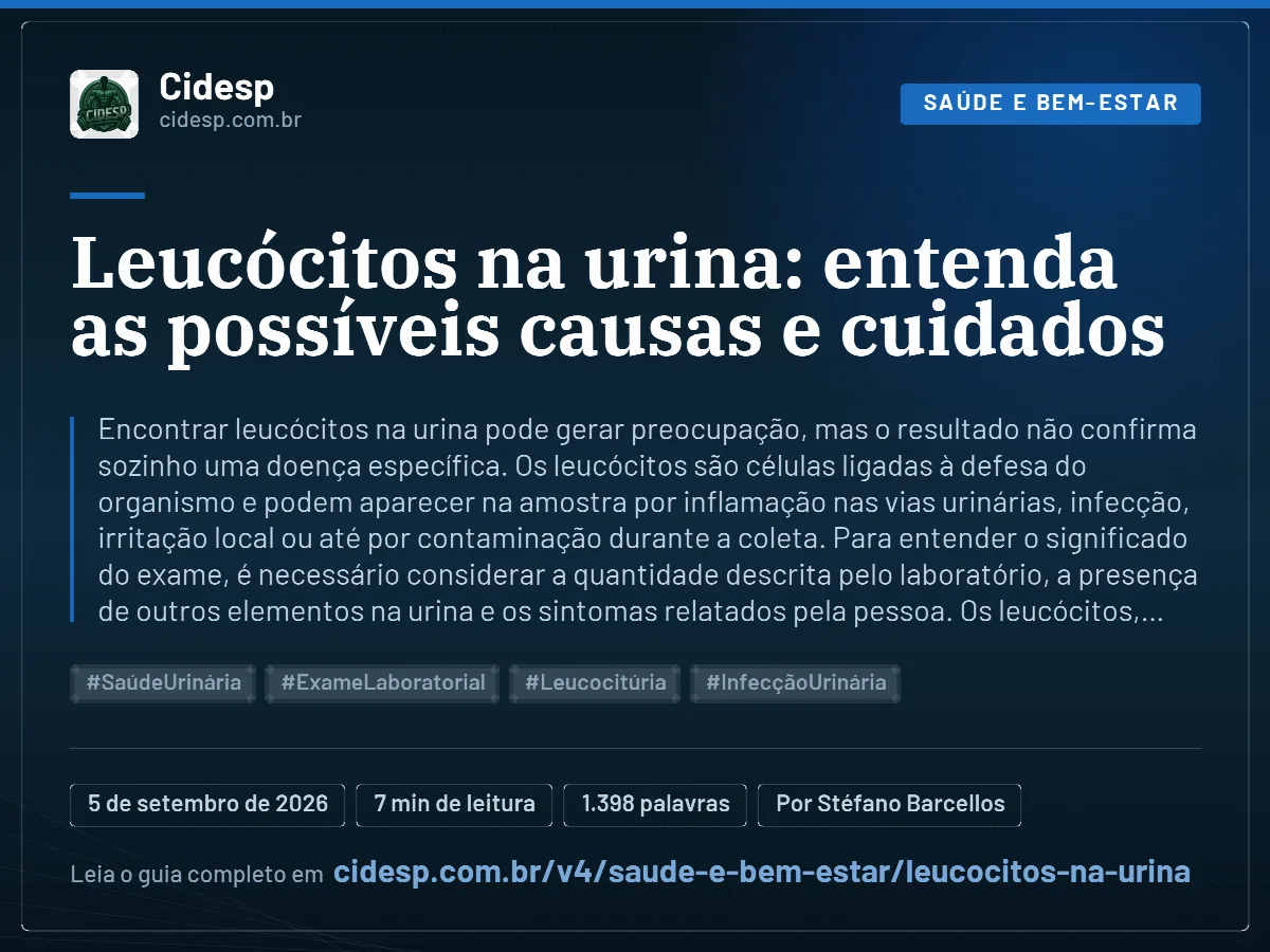 Cartão do artigo “Leucócitos na urina: entenda as possíveis causas e cuidados”, com resumo, data de publicação e endereço da página.