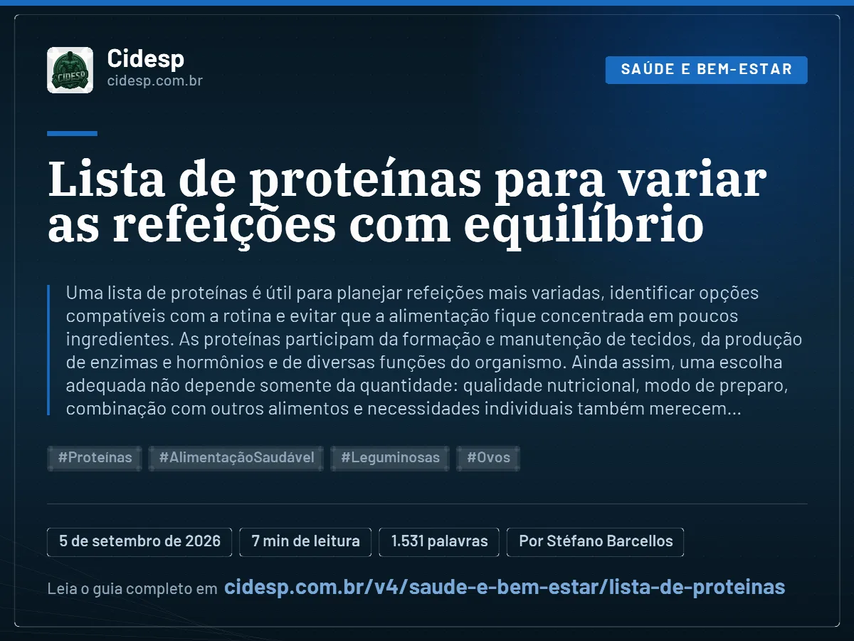 Cartão do artigo “Lista de proteínas para variar as refeições com equilíbrio”, com resumo, data de publicação e endereço da página.