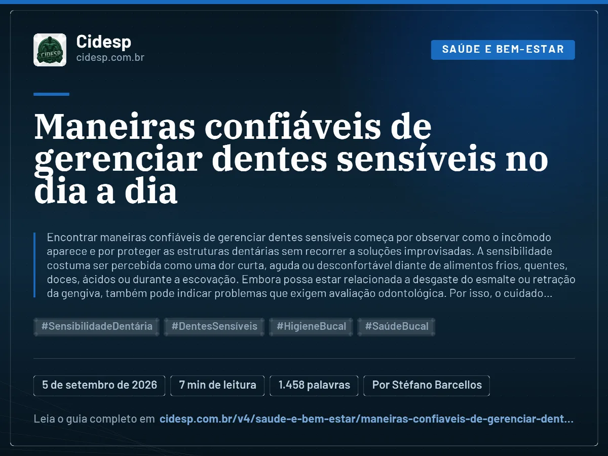 Cartão do artigo “Maneiras confiáveis de gerenciar dentes sensíveis no dia a dia”, com resumo, data de publicação e endereço da página.