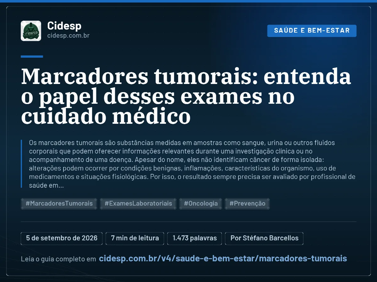 Cartão do artigo “Marcadores tumorais: entenda o papel desses exames no cuidado médico”, com resumo, data de publicação e endereço da página.