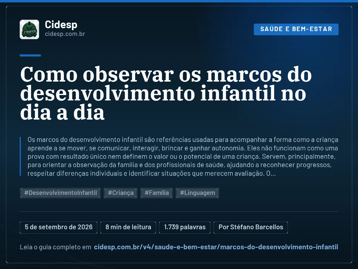 Cartão do artigo “Como observar os marcos do desenvolvimento infantil no dia a dia”, com resumo, data de publicação e endereço da página.