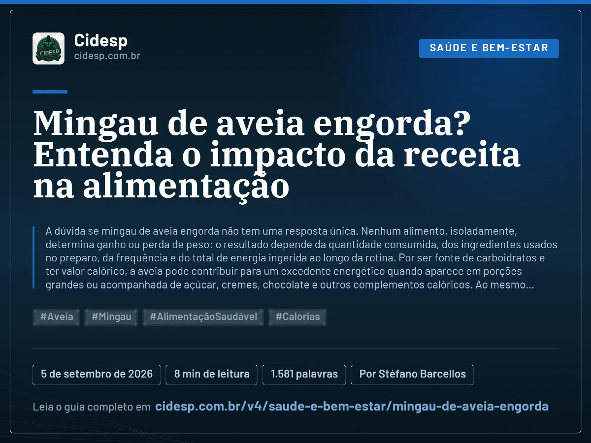 Cartão do artigo “Mingau de aveia engorda? Entenda o impacto da receita na alimentação”, com resumo, data de publicação e endereço da página.