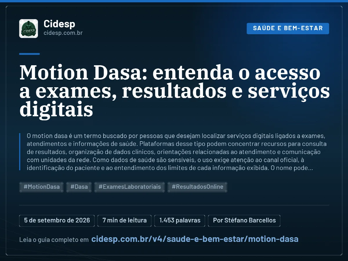 Cartão do artigo “Motion Dasa: entenda o acesso a exames, resultados e serviços digitais”, com resumo, data de publicação e endereço da página.