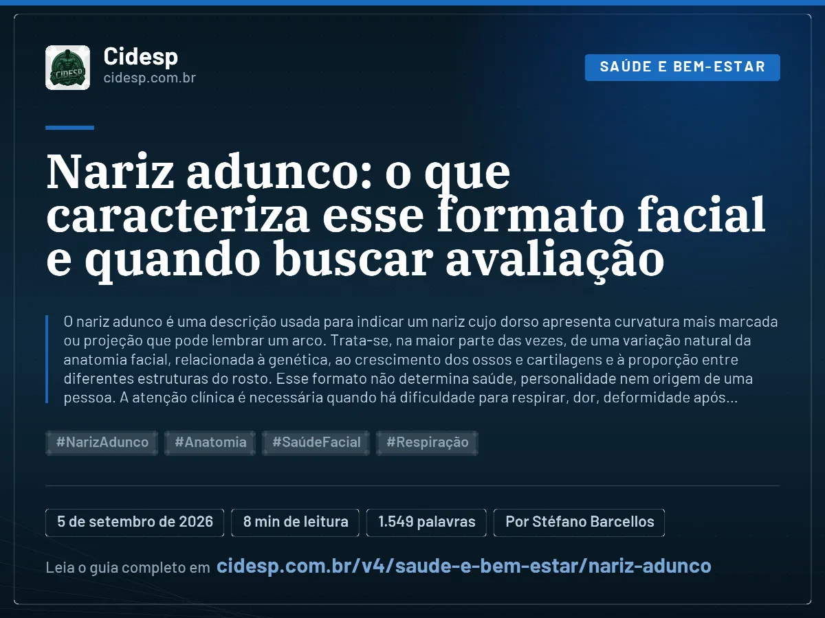 Cartão do artigo “Nariz adunco: o que caracteriza esse formato facial e quando buscar avaliação”, com resumo, data de publicação e endereço da página.