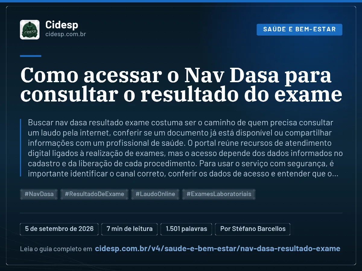 Cartão do artigo “Como acessar o Nav Dasa para consultar o resultado do exame”, com resumo, data de publicação e endereço da página.