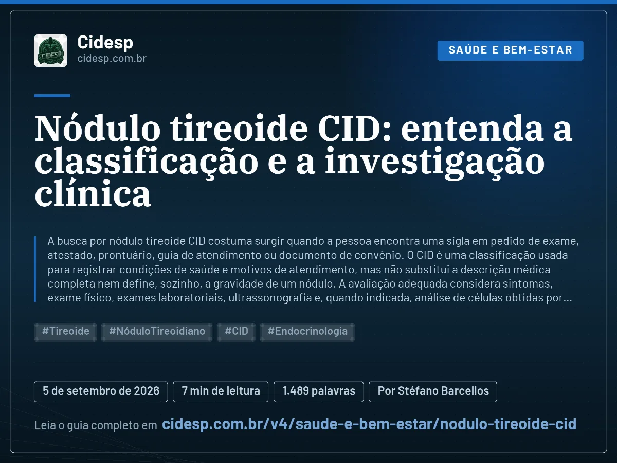 Cartão do artigo “Nódulo tireoide CID: entenda a classificação e a investigação clínica”, com resumo, data de publicação e endereço da página.