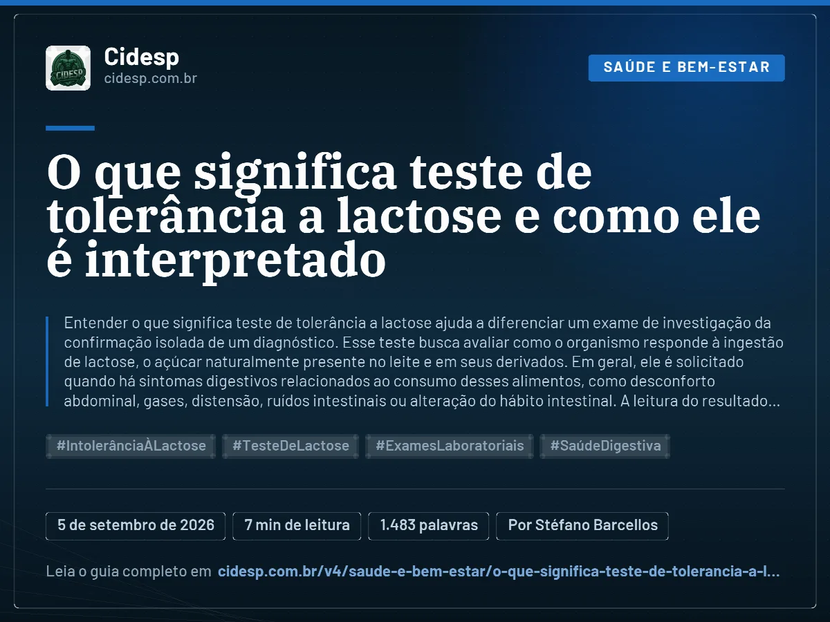 Cartão do artigo “O que significa teste de tolerância a lactose e como ele é interpretado”, com resumo, data de publicação e endereço da página.