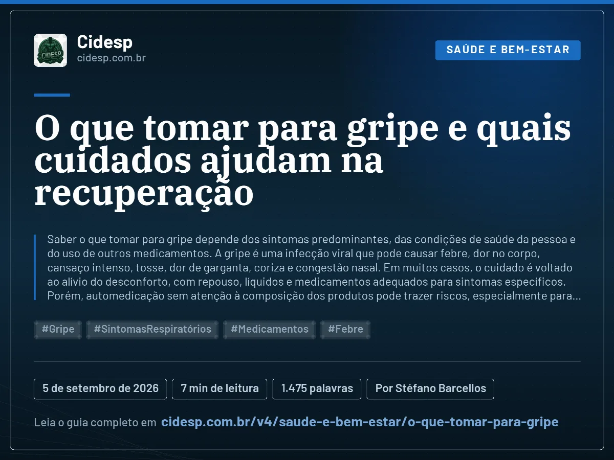 Cartão do artigo “O que tomar para gripe e quais cuidados ajudam na recuperação”, com resumo, data de publicação e endereço da página.