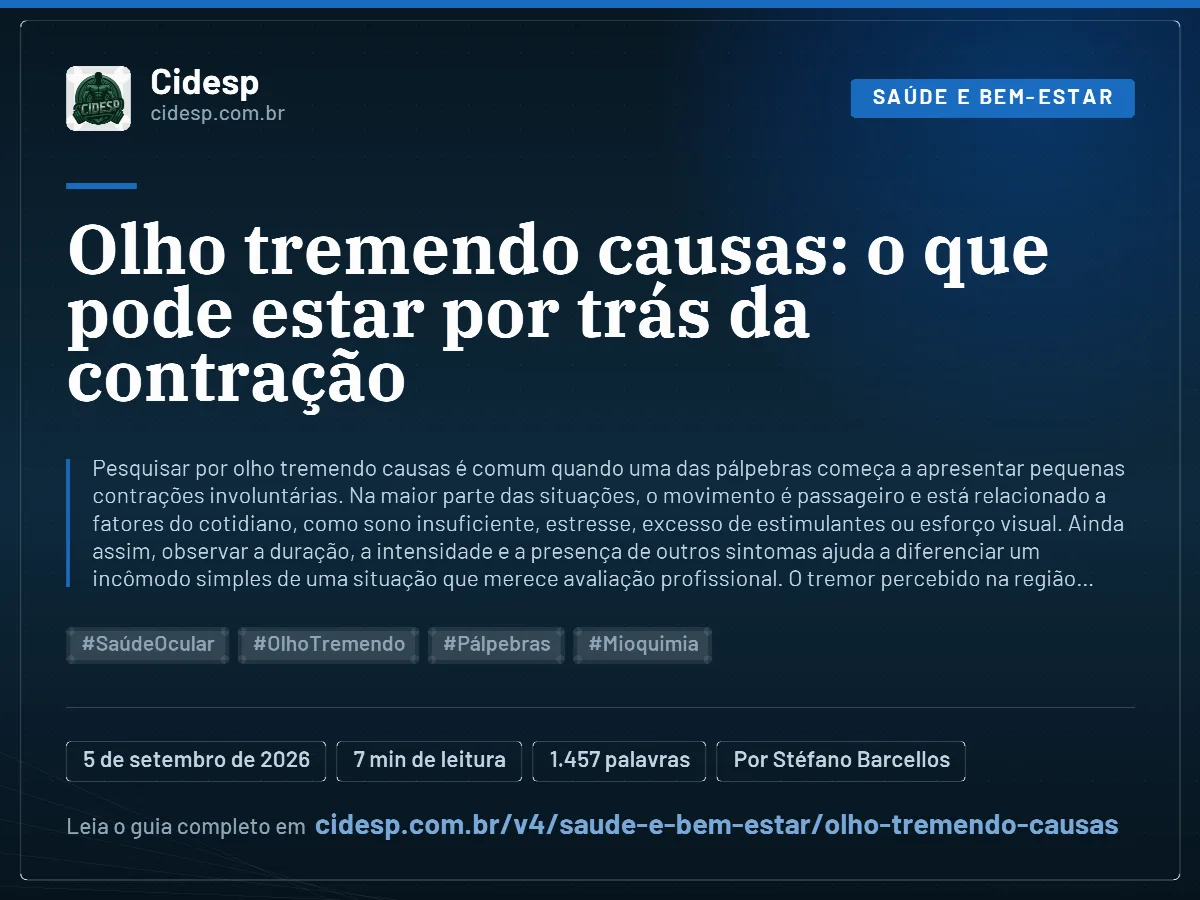 Cartão do artigo “Olho tremendo causas: o que pode estar por trás da contração”, com resumo, data de publicação e endereço da página.