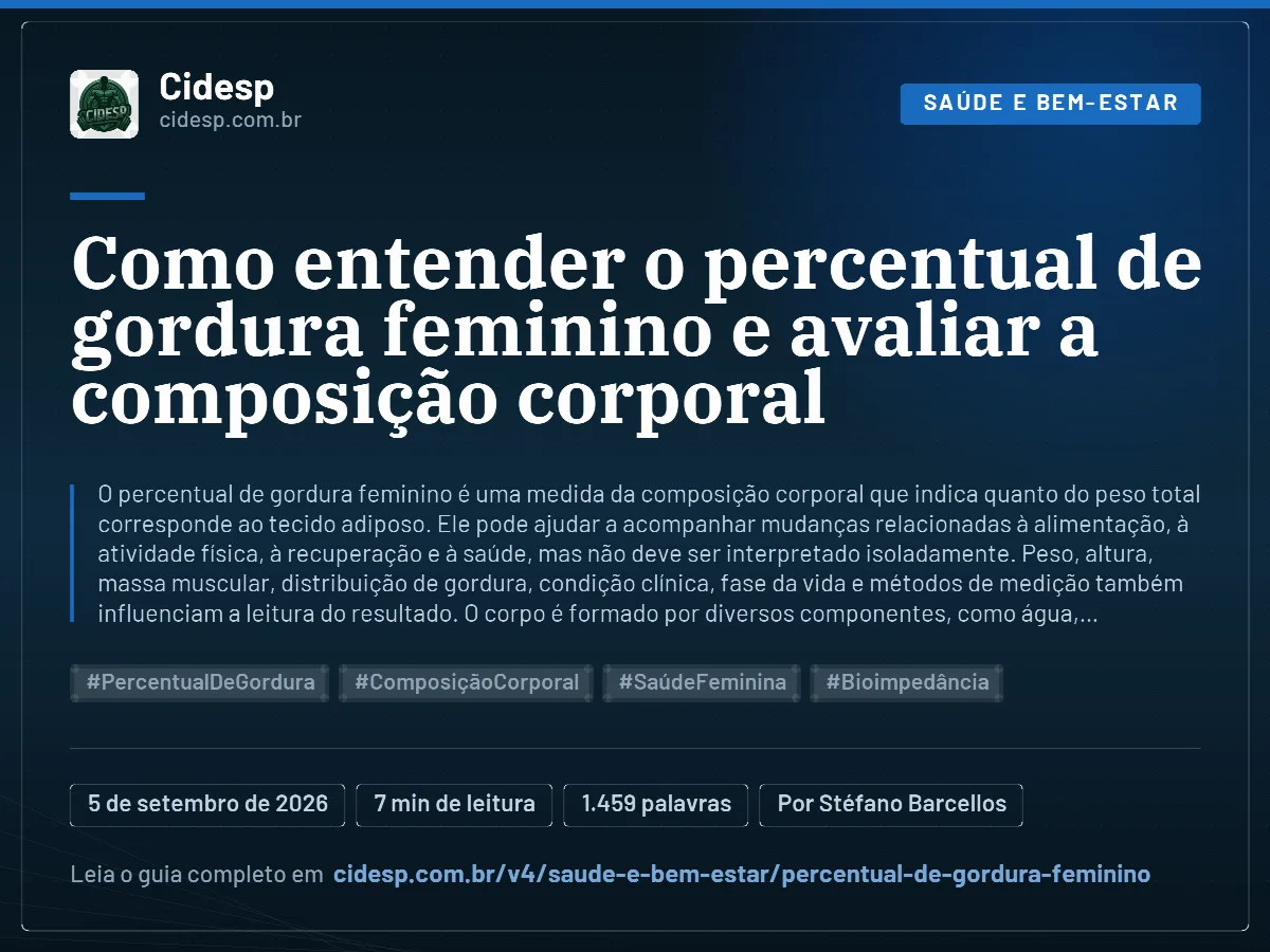 Cartão do artigo “Como entender o percentual de gordura feminino e avaliar a composição corporal”, com resumo, data de publicação e endereço da página.