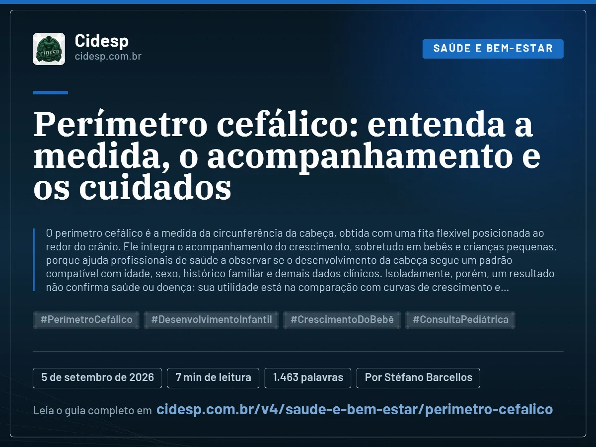 Cartão do artigo “Perímetro cefálico: entenda a medida, o acompanhamento e os cuidados”, com resumo, data de publicação e endereço da página.