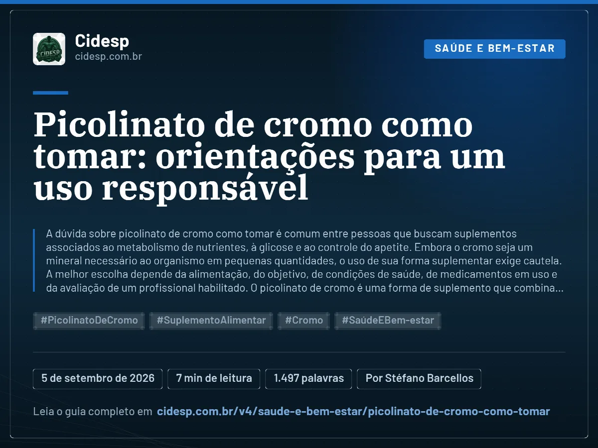 Cartão do artigo “Picolinato de cromo como tomar: orientações para um uso responsável”, com resumo, data de publicação e endereço da página.