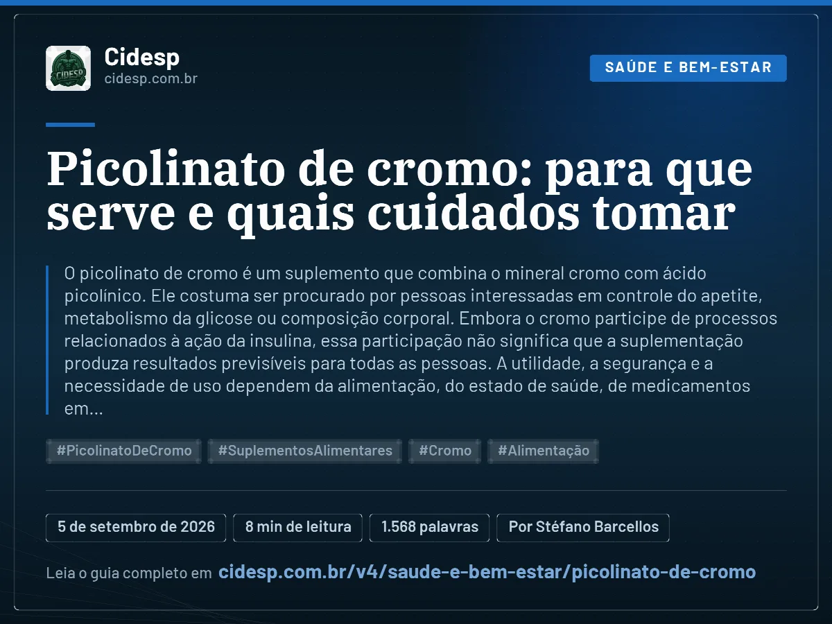 Cartão do artigo “Picolinato de cromo: para que serve e quais cuidados tomar”, com resumo, data de publicação e endereço da página.