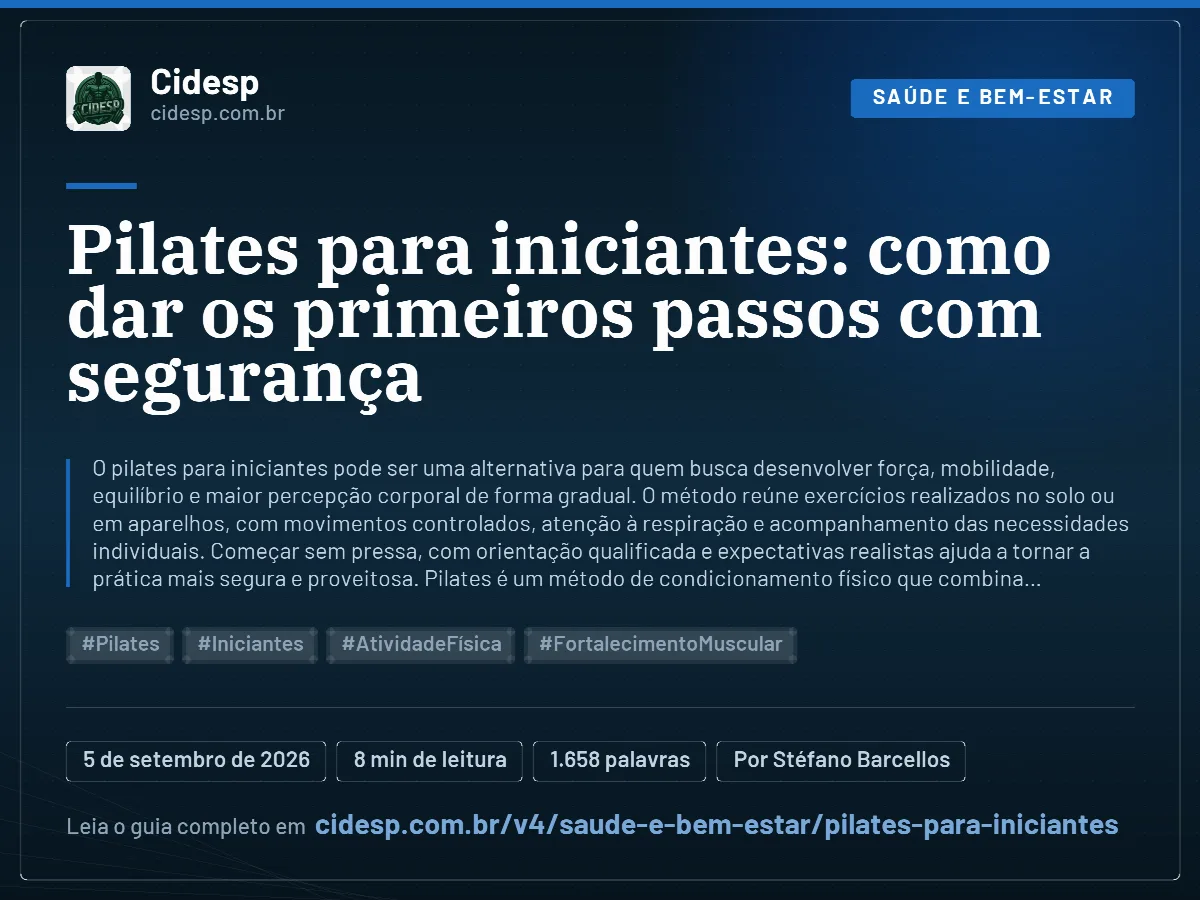 Cartão do artigo “Pilates para iniciantes: como dar os primeiros passos com segurança”, com resumo, data de publicação e endereço da página.