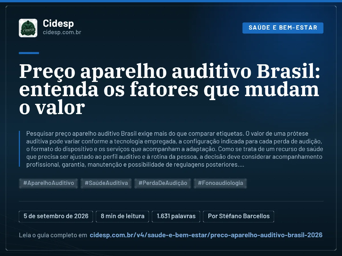 Cartão do artigo “Preço aparelho auditivo Brasil: entenda os fatores que mudam o valor”, com resumo, data de publicação e endereço da página.