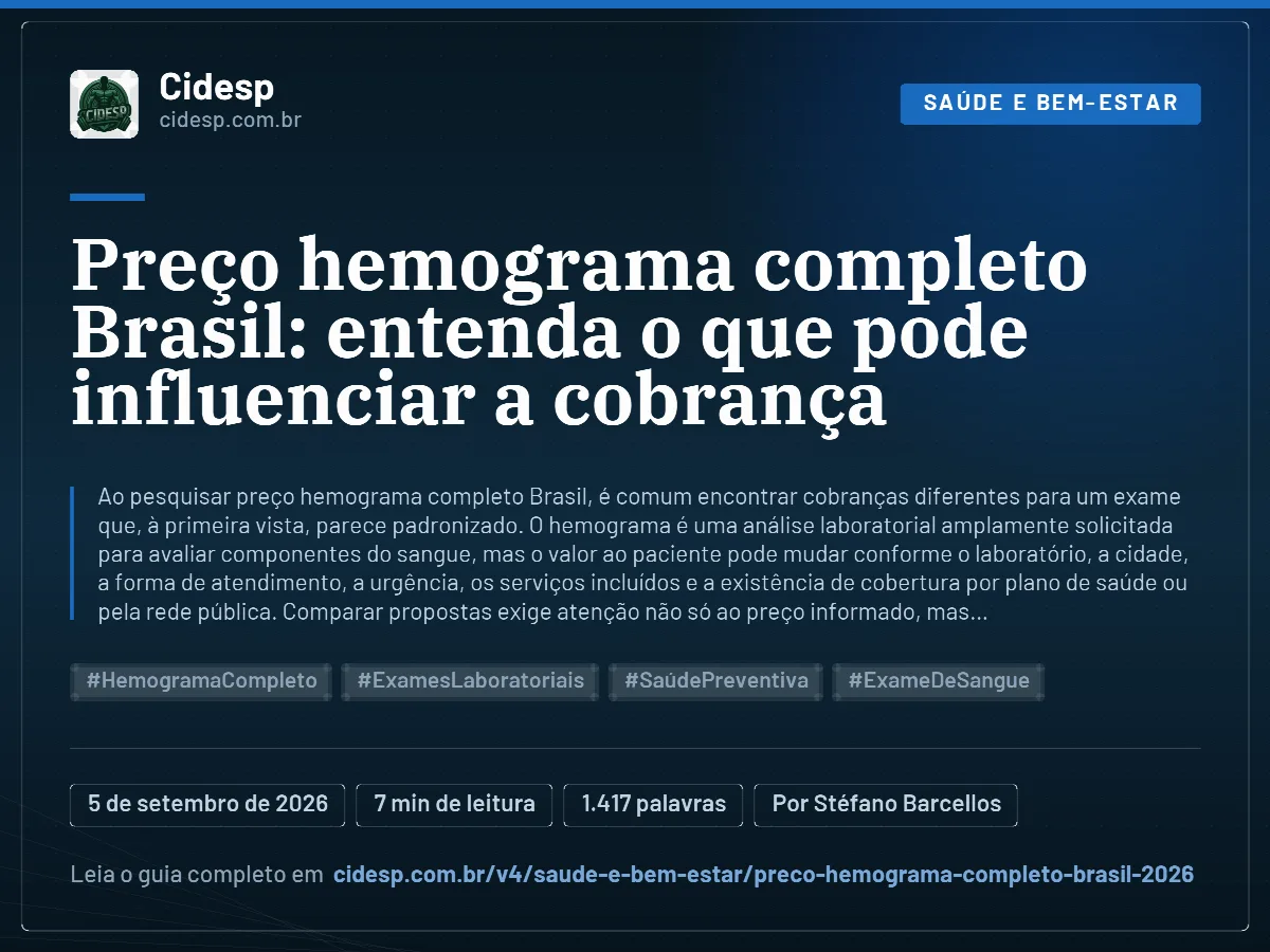 Cartão do artigo “Preço hemograma completo Brasil: entenda o que pode influenciar a cobrança”, com resumo, data de publicação e endereço da página.