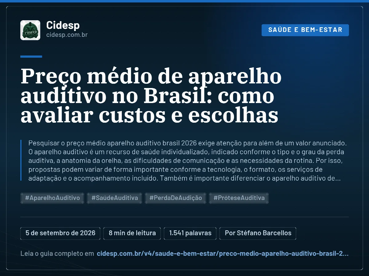 Cartão do artigo “Preço médio de aparelho auditivo no Brasil: como avaliar custos e escolhas”, com resumo, data de publicação e endereço da página.