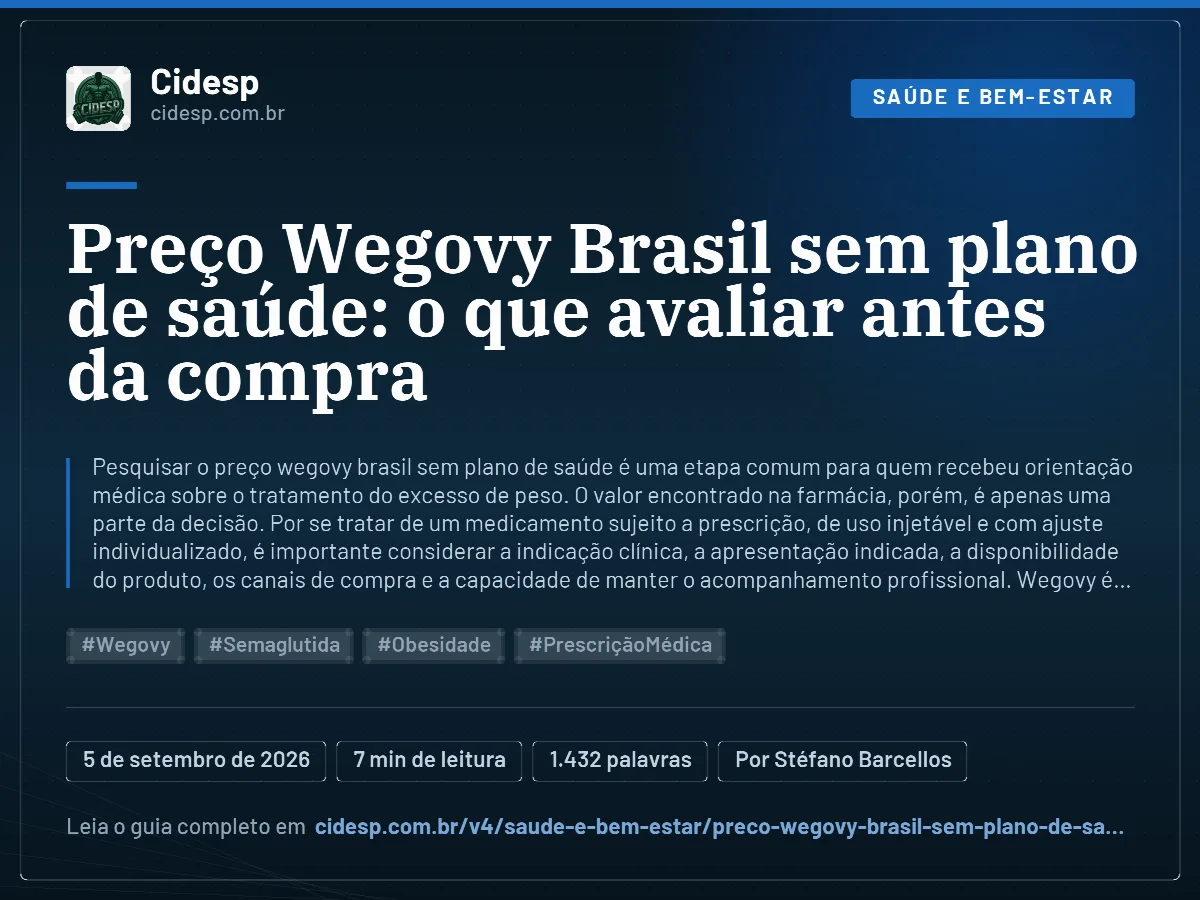 Cartão do artigo “Preço Wegovy Brasil sem plano de saúde: o que avaliar antes da compra”, com resumo, data de publicação e endereço da página.