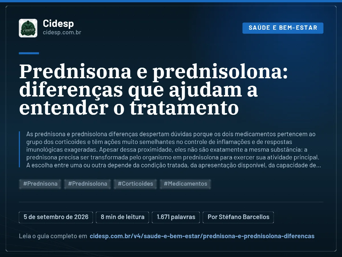 Cartão do artigo “Prednisona e prednisolona: diferenças que ajudam a entender o tratamento”, com resumo, data de publicação e endereço da página.