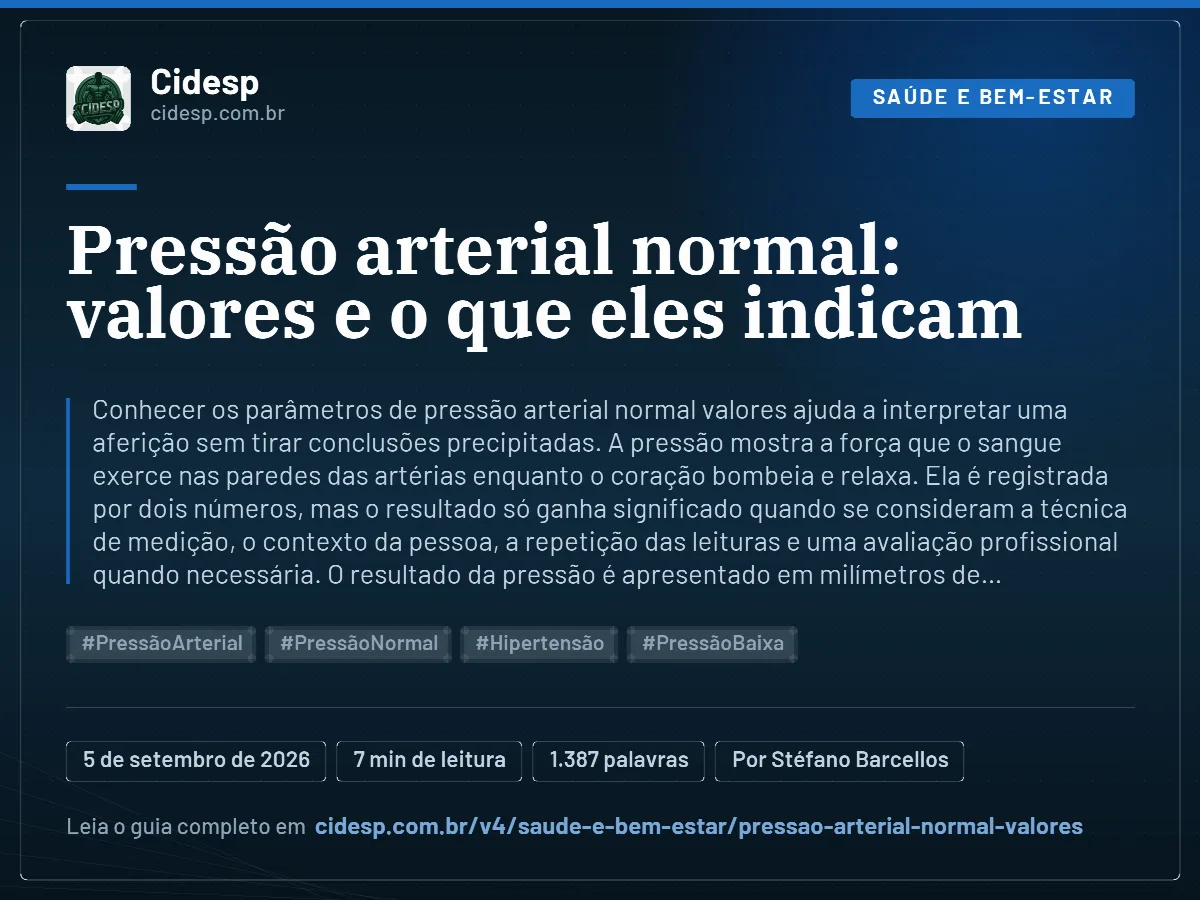 Cartão do artigo “Pressão arterial normal: valores e o que eles indicam”, com resumo, data de publicação e endereço da página.