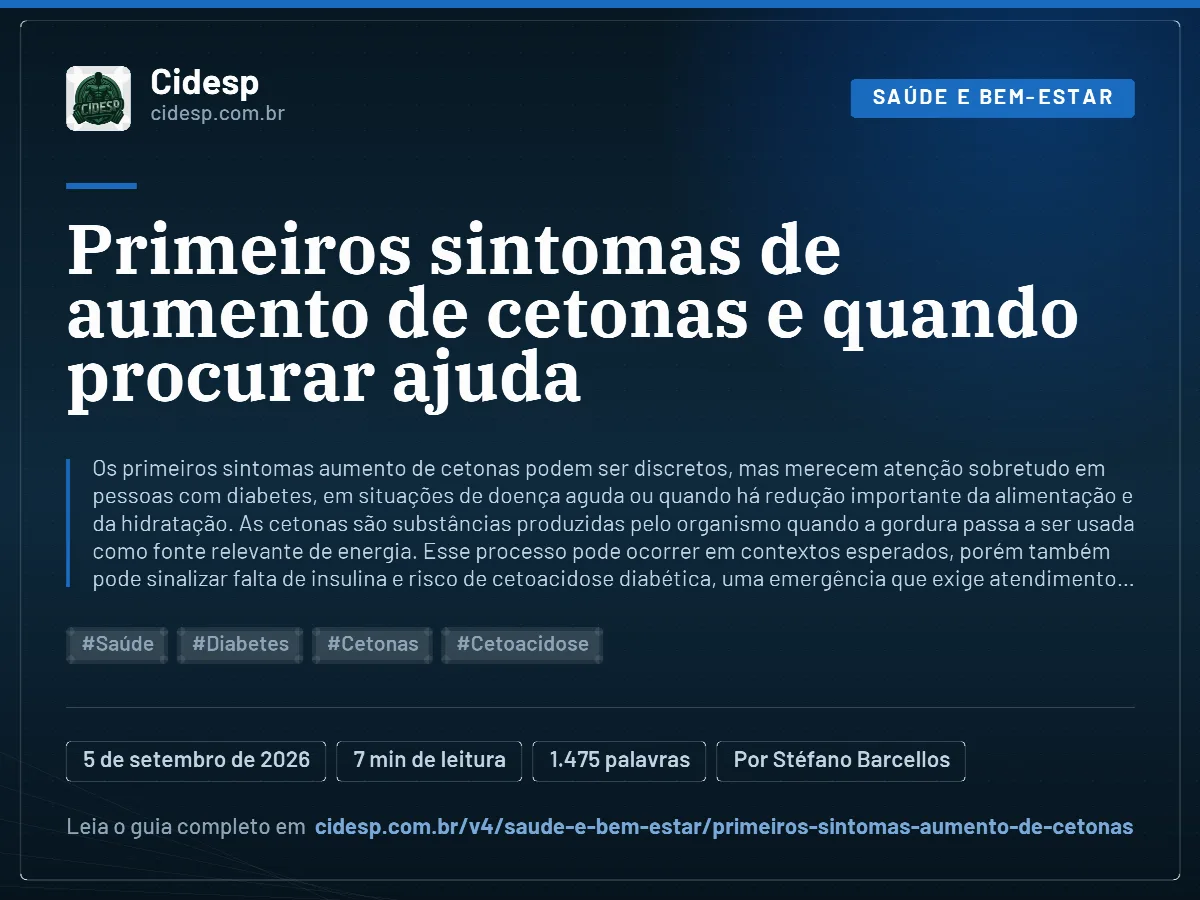 Cartão do artigo “Primeiros sintomas de aumento de cetonas e quando procurar ajuda”, com resumo, data de publicação e endereço da página.