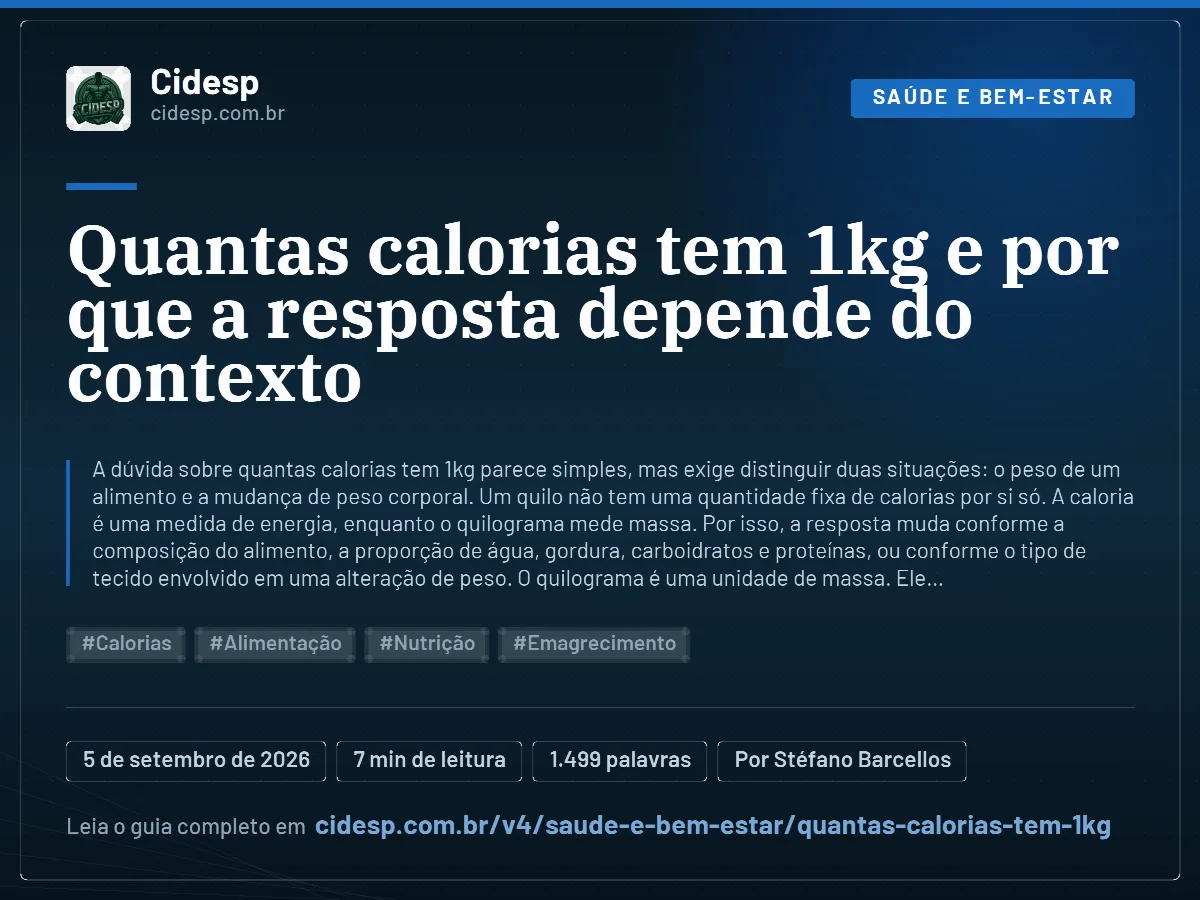 Cartão do artigo “Quantas calorias tem 1kg e por que a resposta depende do contexto”, com resumo, data de publicação e endereço da página.