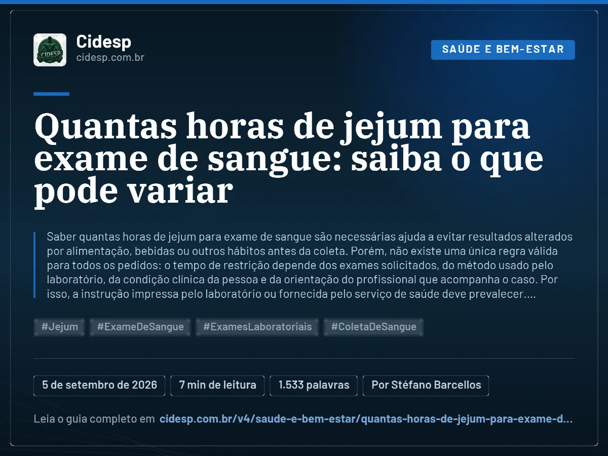 Cartão do artigo “Quantas horas de jejum para exame de sangue: saiba o que pode variar”, com resumo, data de publicação e endereço da página.