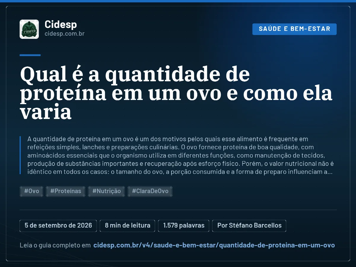 Cartão do artigo “Qual é a quantidade de proteína em um ovo e como ela varia”, com resumo, data de publicação e endereço da página.