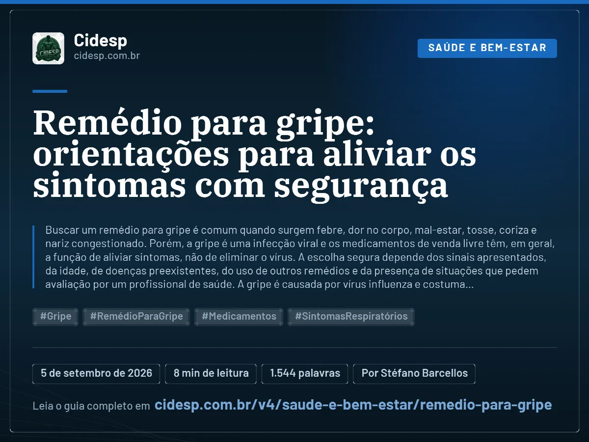 Cartão do artigo “Remédio para gripe: orientações para aliviar os sintomas com segurança”, com resumo, data de publicação e endereço da página.