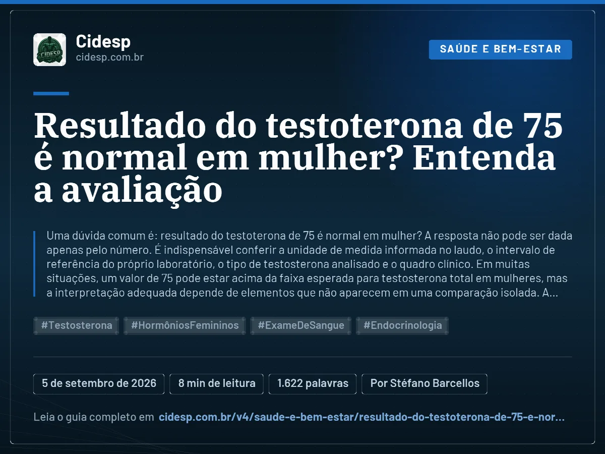 Cartão do artigo “Resultado do testoterona de 75 é normal em mulher? Entenda a avaliação”, com resumo, data de publicação e endereço da página.