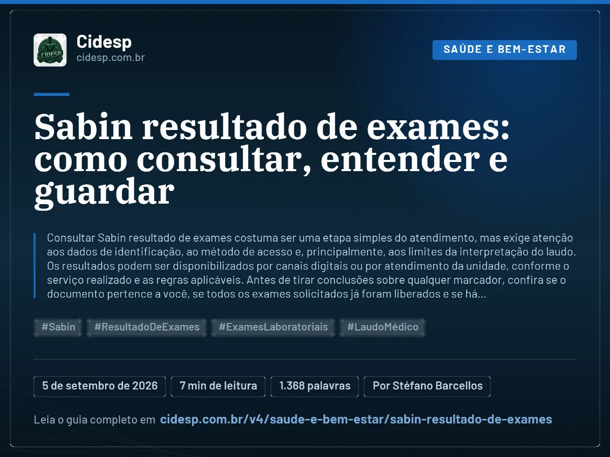 Cartão do artigo “Sabin resultado de exames: como consultar, entender e guardar”, com resumo, data de publicação e endereço da página.