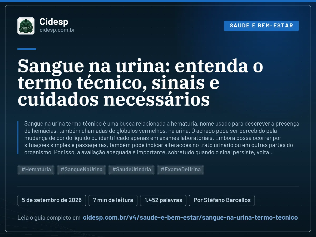 Cartão do artigo “Sangue na urina: entenda o termo técnico, sinais e cuidados necessários”, com resumo, data de publicação e endereço da página.