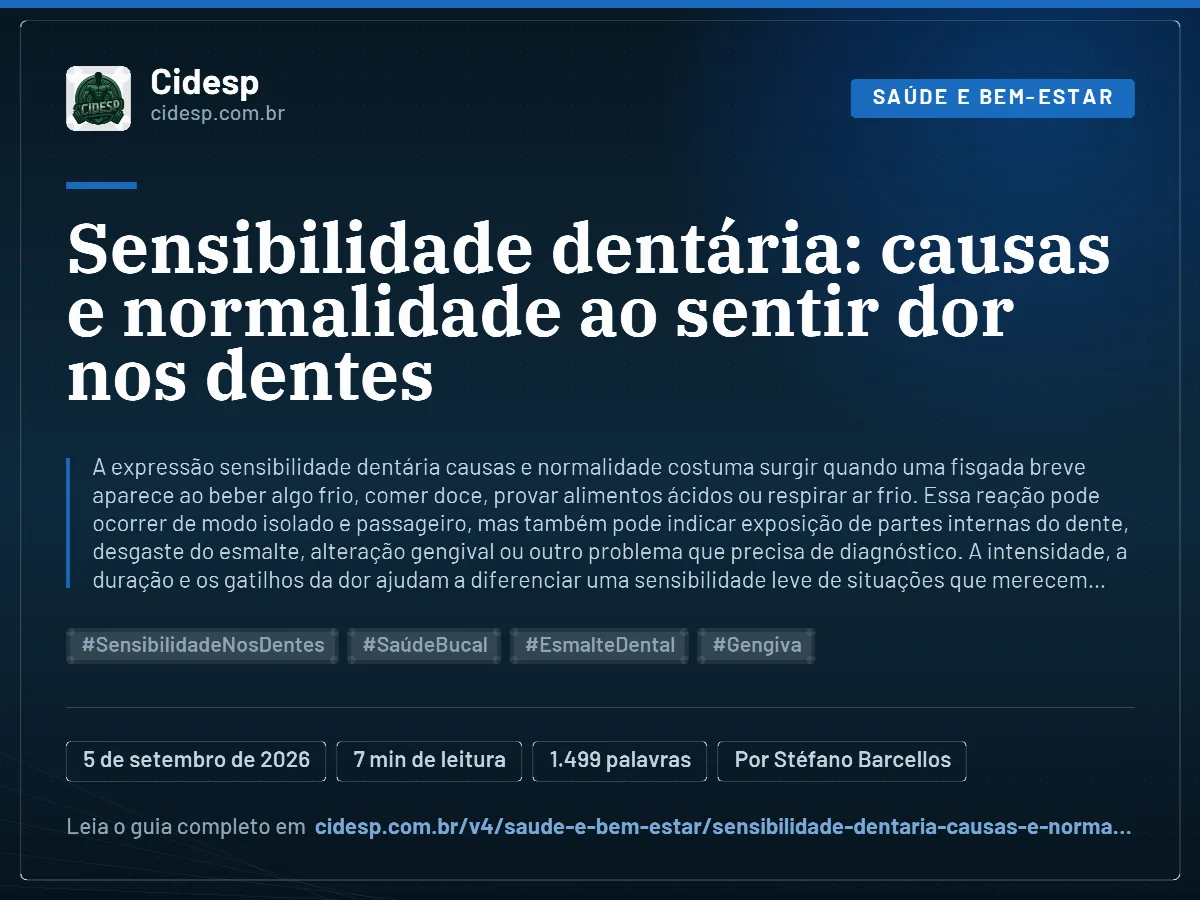 Cartão do artigo “Sensibilidade dentária: causas e normalidade ao sentir dor nos dentes”, com resumo, data de publicação e endereço da página.