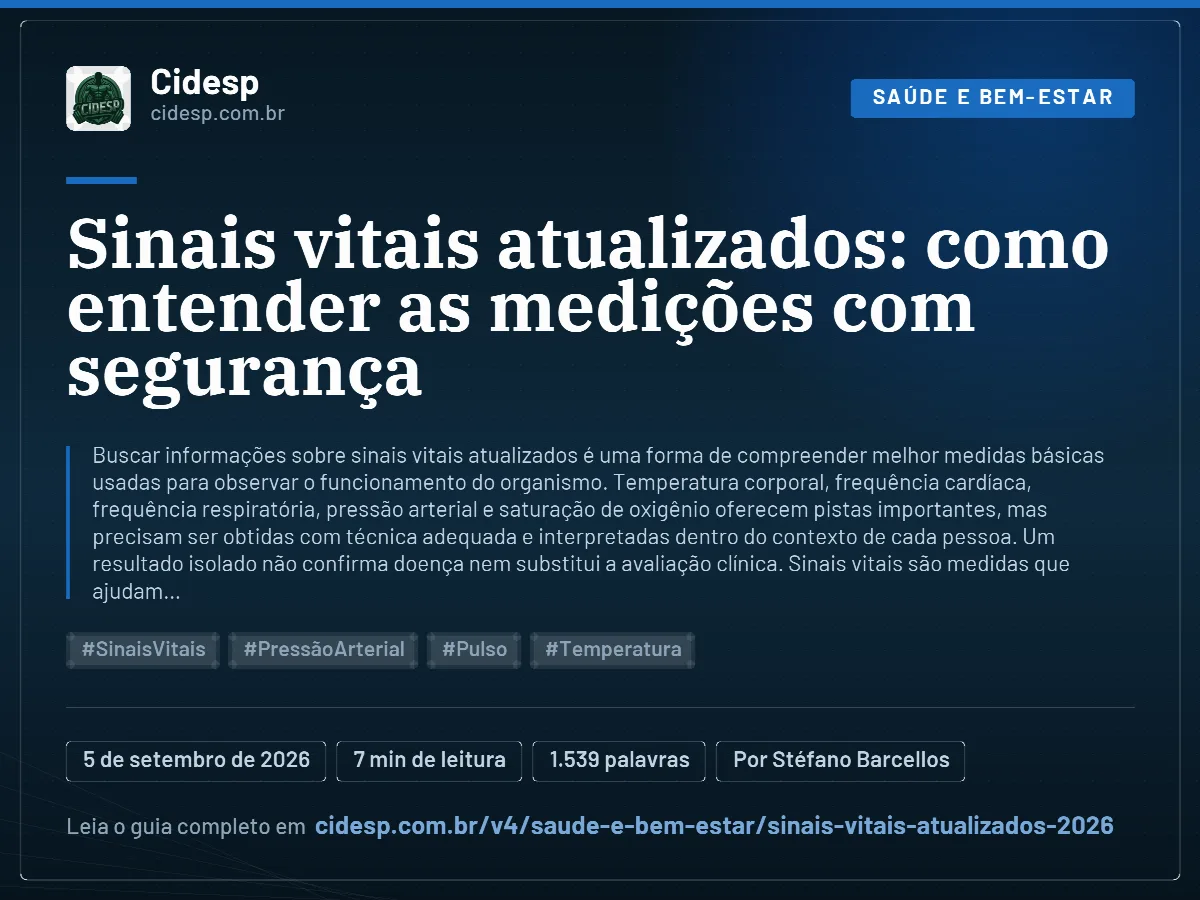 Cartão do artigo “Sinais vitais atualizados: como entender as medições com segurança”, com resumo, data de publicação e endereço da página.